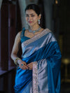 Banarasee Handloom Plain Mashru Silk Saree With Lace Border & Meenadar Pallu-Blue