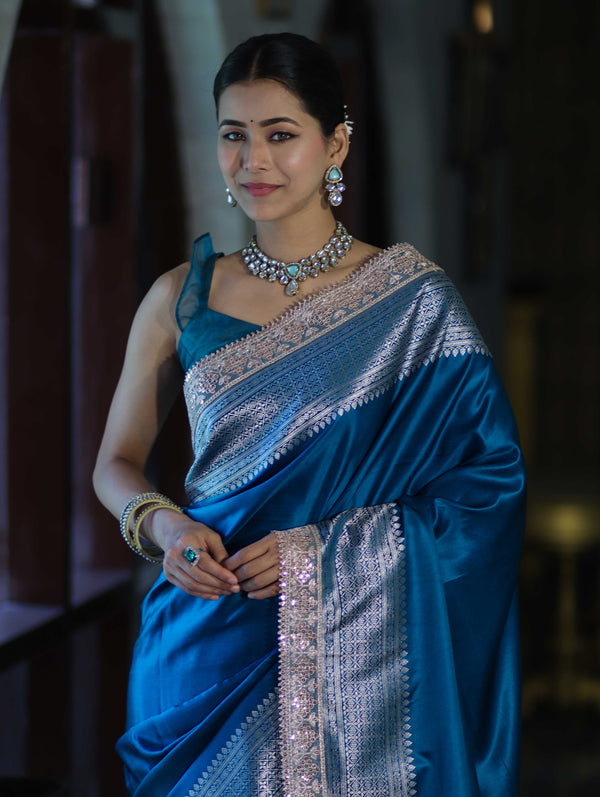 Banarasee Handloom Plain Mashru Silk Saree With Lace Border & Meenadar Pallu-Blue