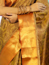 Banarasee Handloom Tissue Silk Saree With Woven Buta Design & Contrast Border-Gold