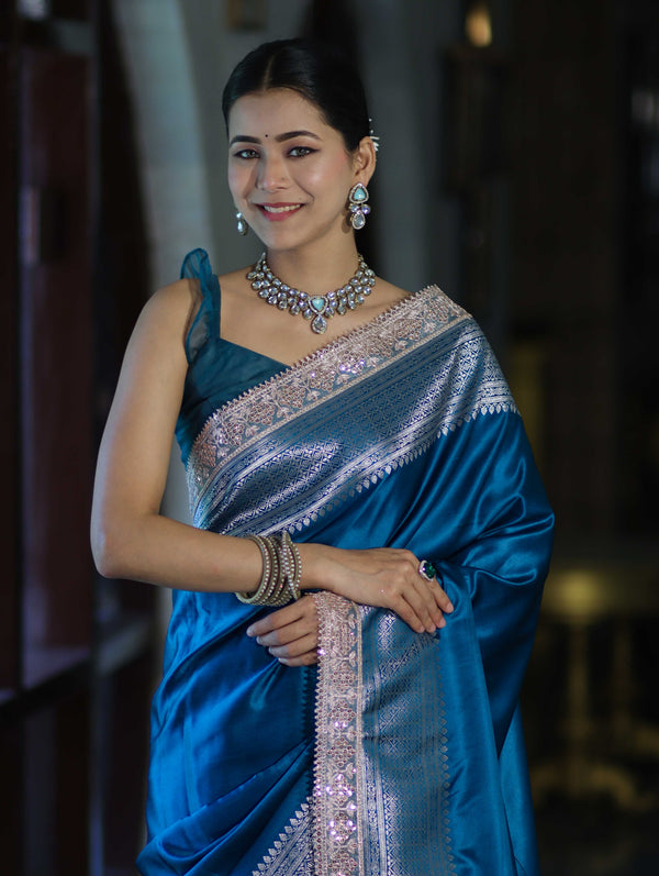 Banarasee Handloom Plain Mashru Silk Saree With Lace Border & Meenadar Pallu-Blue