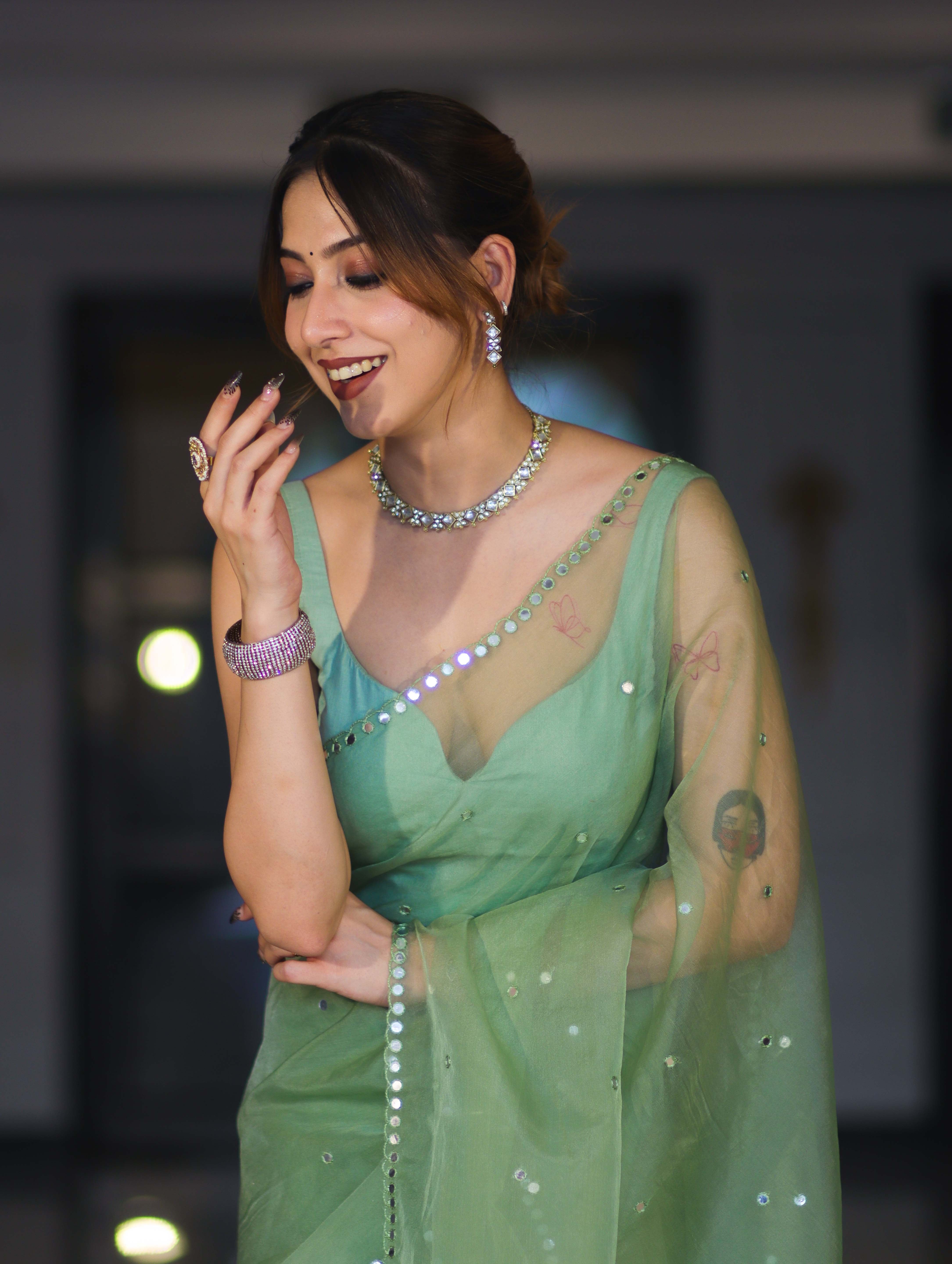 Banarasee Handwoven Organza Mix Saree With Mirror Work-Light Green