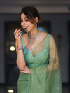 Banarasee Handwoven Organza Mix Saree With Mirror Work-Light Green
