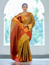 Banarasee Handloom Tissue Silk Saree With Woven Buta Design & Contrast Border-Gold