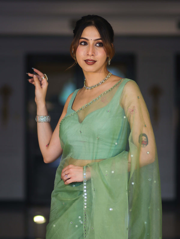 Banarasee Handwoven Organza Mix Saree With Mirror Work-Light Green