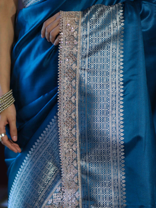 Banarasee Handloom Plain Mashru Silk Saree With Lace Border & Meenadar Pallu-Blue