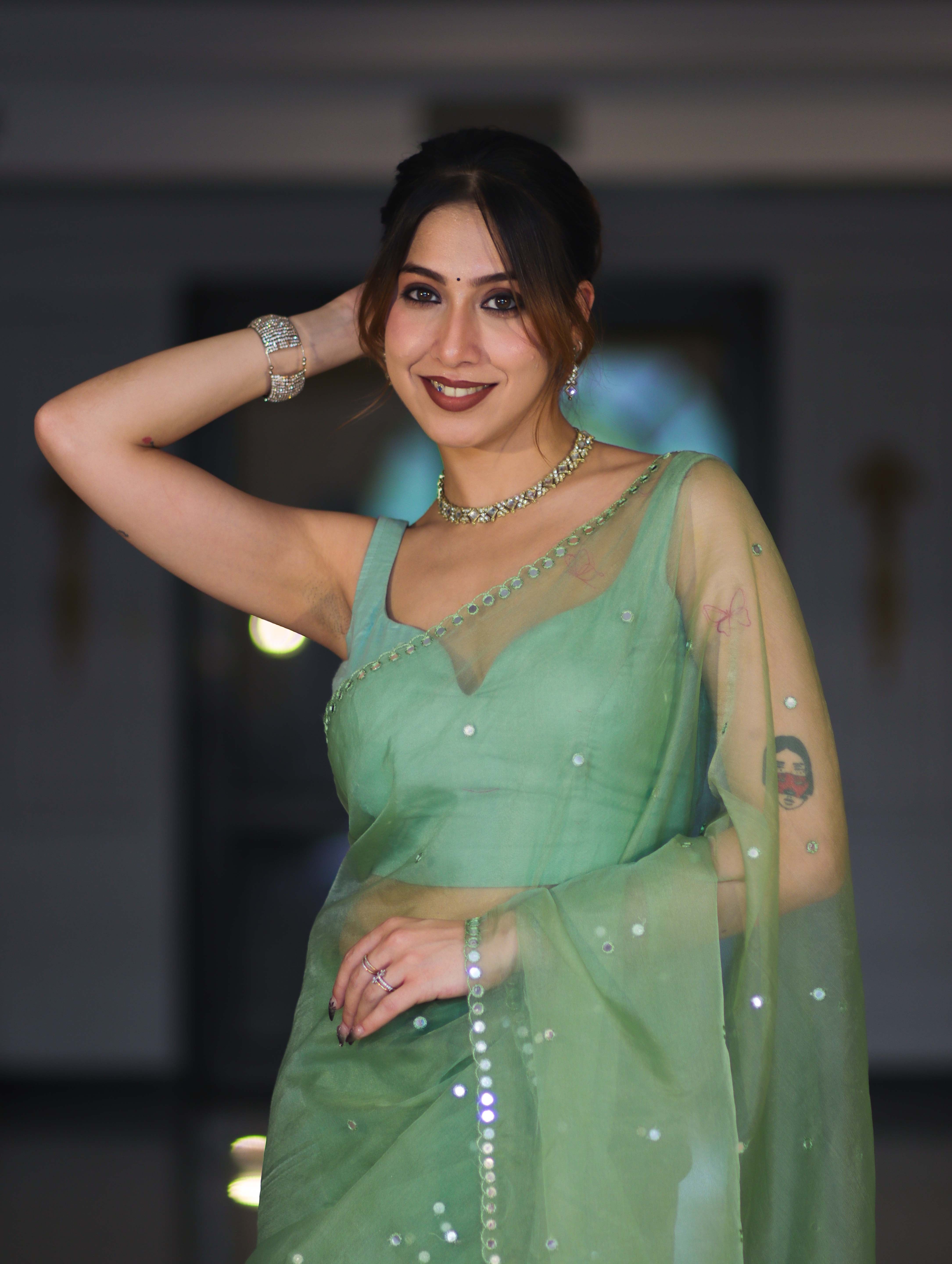 Banarasee Handwoven Organza Mix Saree With Mirror Work-Light Green