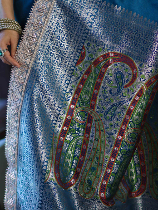 Banarasee Handloom Plain Mashru Silk Saree With Lace Border & Meenadar Pallu-Blue