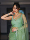 Banarasee Handwoven Organza Mix Saree With Mirror Work-Light Green
