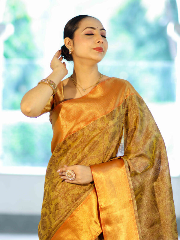 Banarasee Handloom Tissue Silk Saree With Woven Buta Design & Contrast Border-Gold