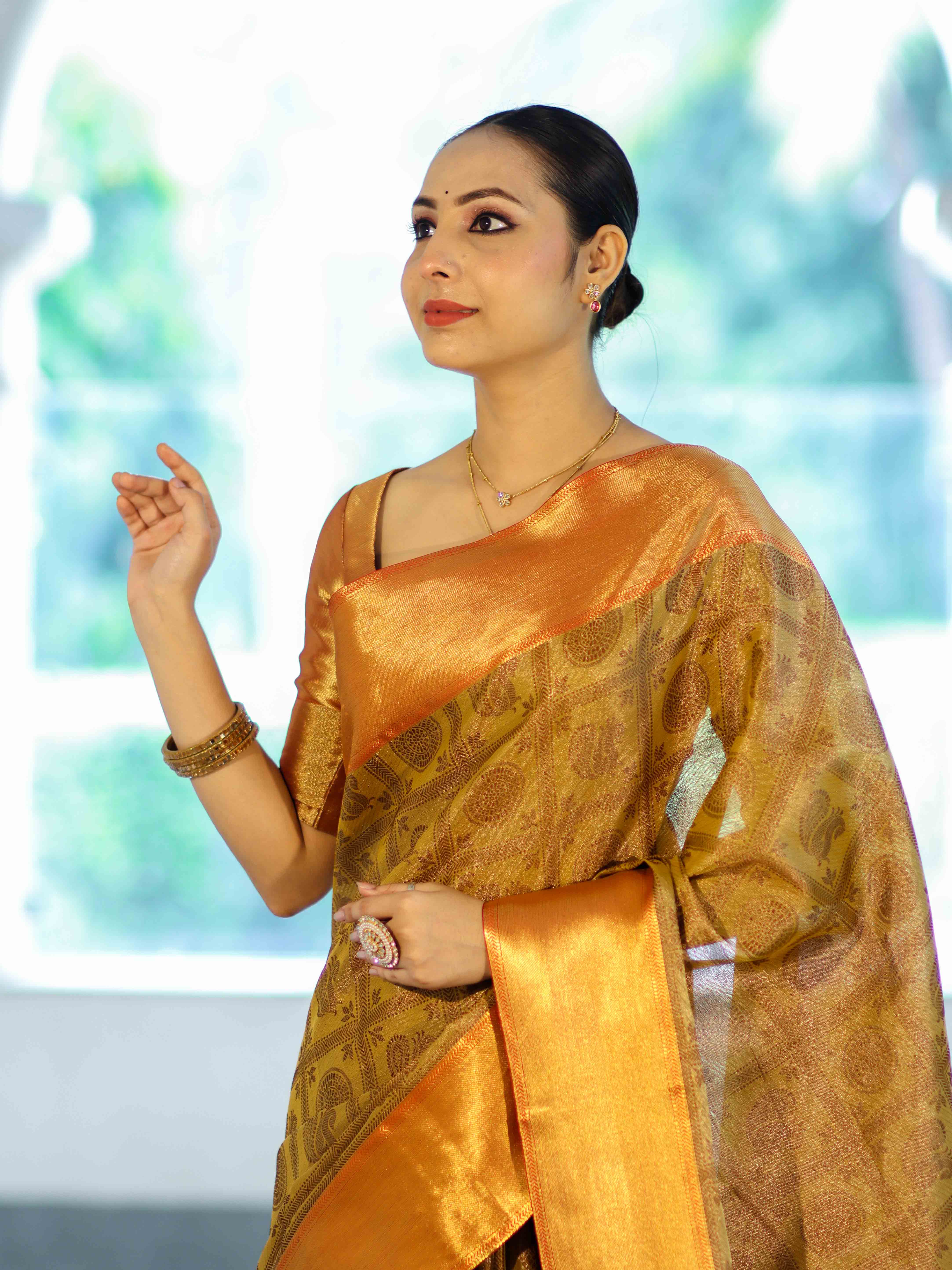 Banarasee Handloom Tissue Silk Saree With Woven Buta Design & Contrast Border-Gold