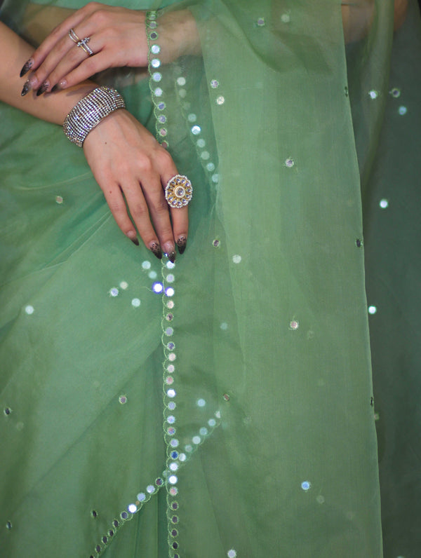 Banarasee Handwoven Organza Mix Saree With Mirror Work-Light Green