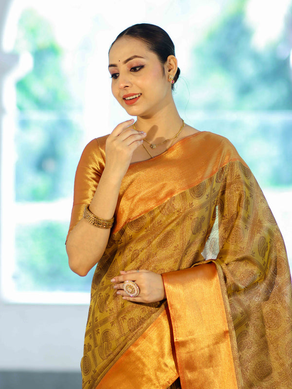 Banarasee Handloom Tissue Silk Saree With Woven Buta Design & Contrast Border-Gold