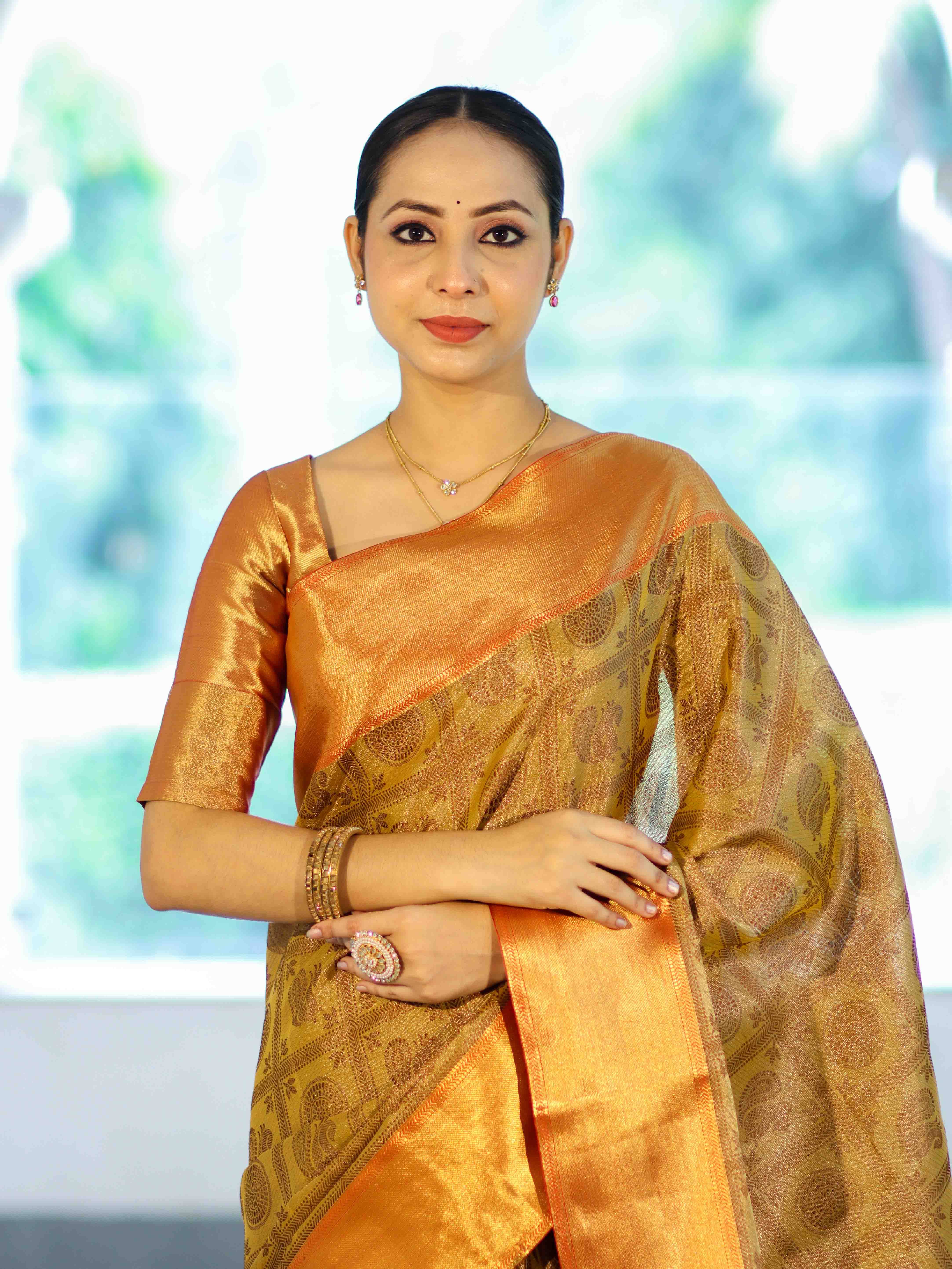 Banarasee Handloom Tissue Silk Saree With Woven Buta Design & Contrast Border-Gold