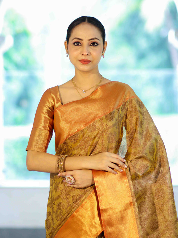 Banarasee Handloom Tissue Silk Saree With Woven Buta Design & Contrast Border-Gold