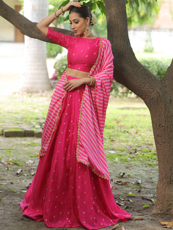 Banarasee Chanderi Silk Lehenga & Blouse With Crepe Silk Dupatta-Pink