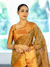 Banarasee Handloom Tissue Silk Saree With Woven Buta Design & Contrast Border-Gold