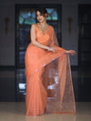 Banarasee Handwoven Organza Mix Saree With Mirror Work-Peach
