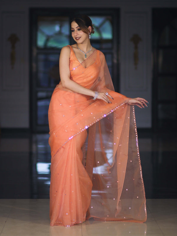 Banarasee Handwoven Organza Mix Saree With Mirror Work-Peach