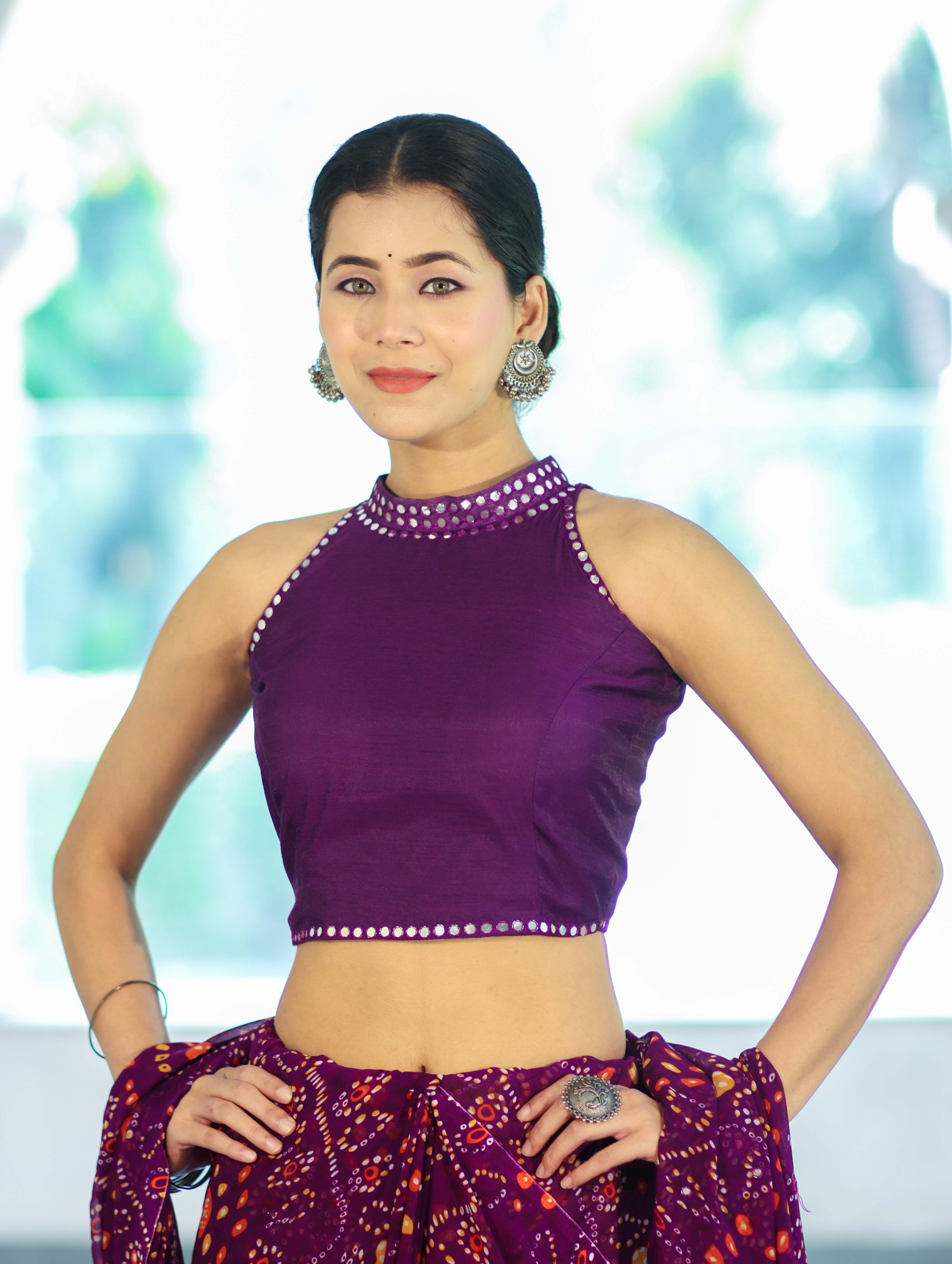 Banarasee Art Silk Fabric Hand Embroidered Mirror Work Blouse-Purple
