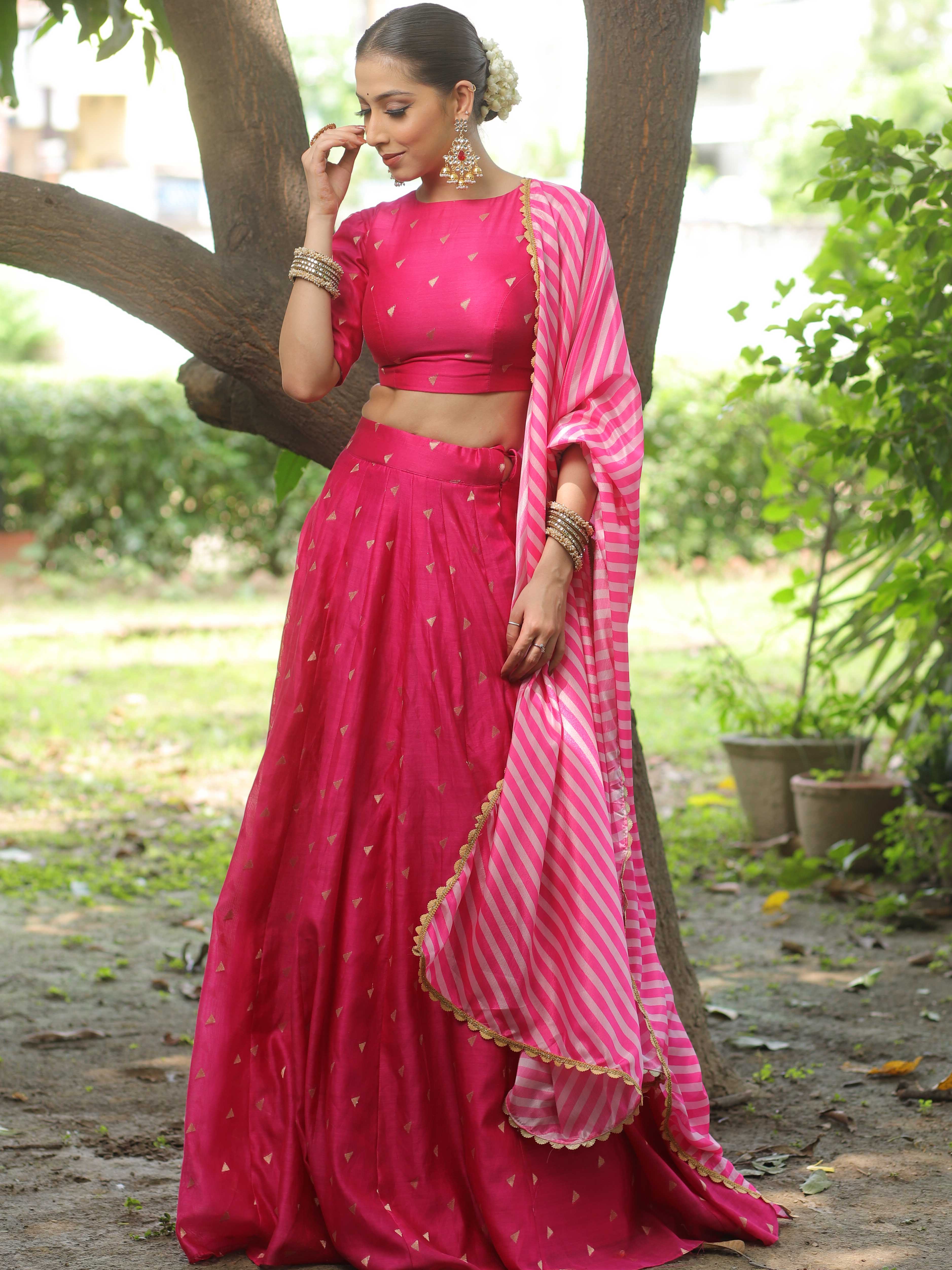 Banarasee Chanderi Silk Lehenga & Blouse With Crepe Silk Dupatta-Pink