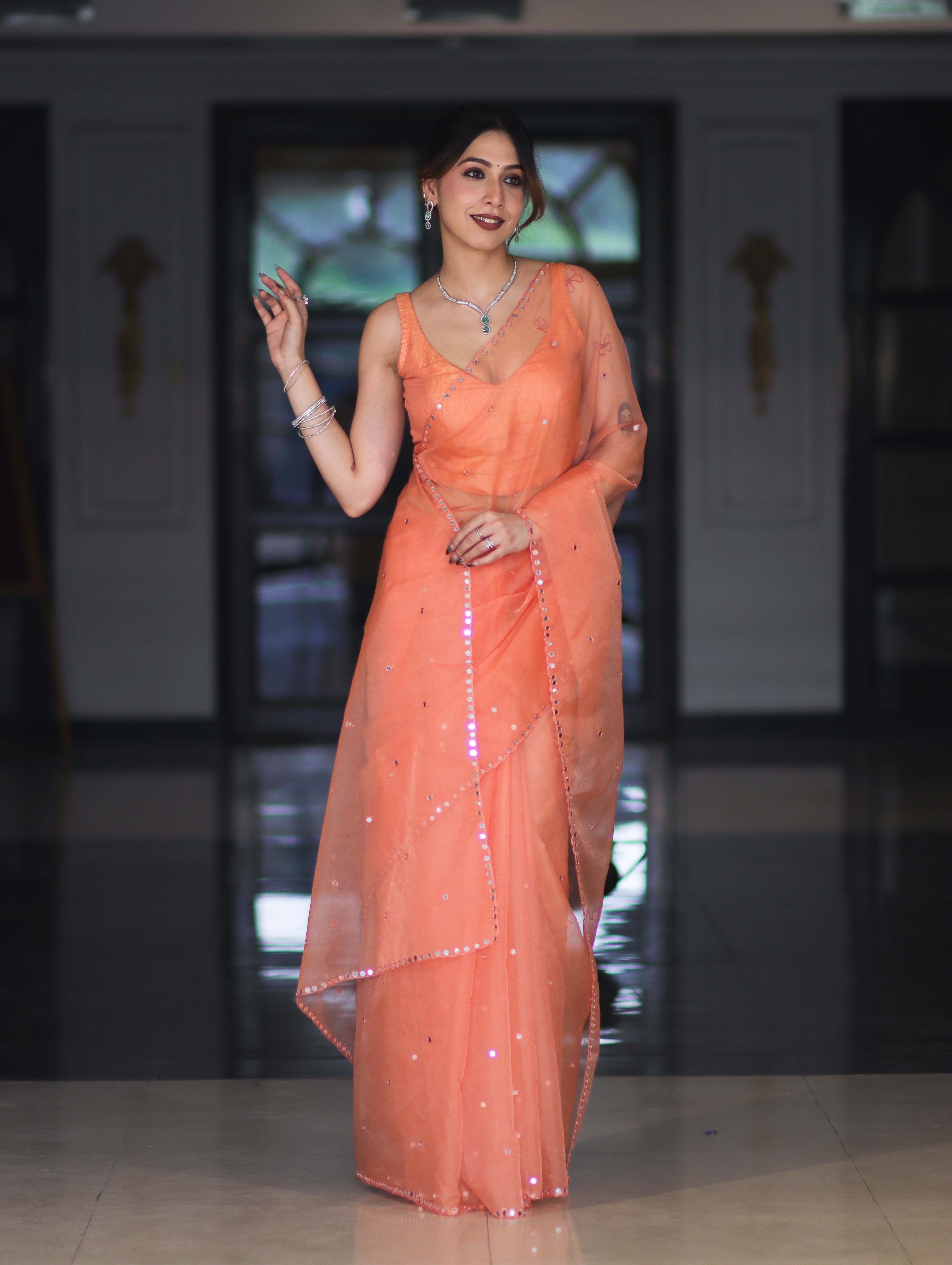 Banarasee Handwoven Organza Mix Saree With Mirror Work-Peach