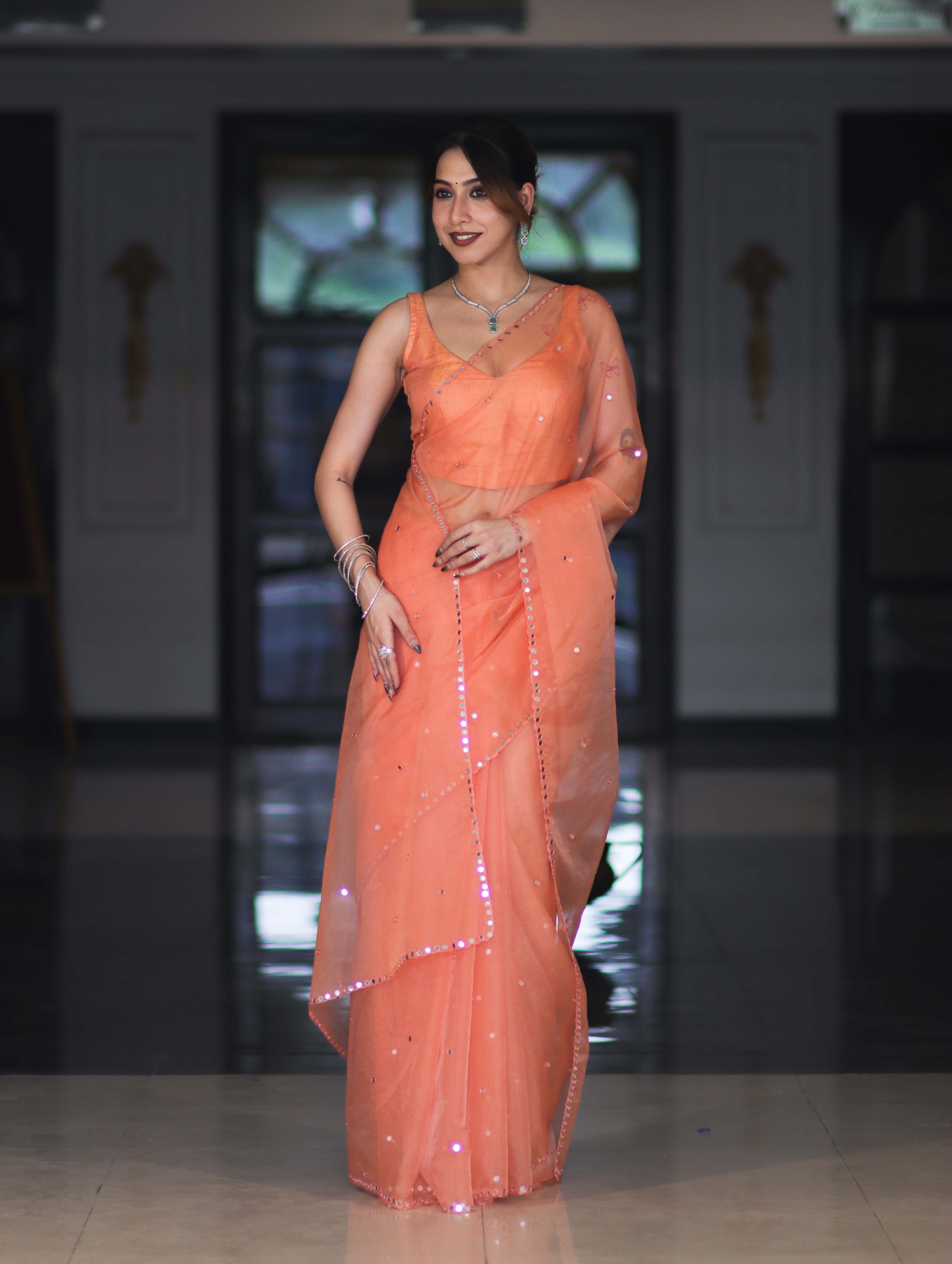 Banarasee Handwoven Organza Mix Saree With Mirror Work-Peach