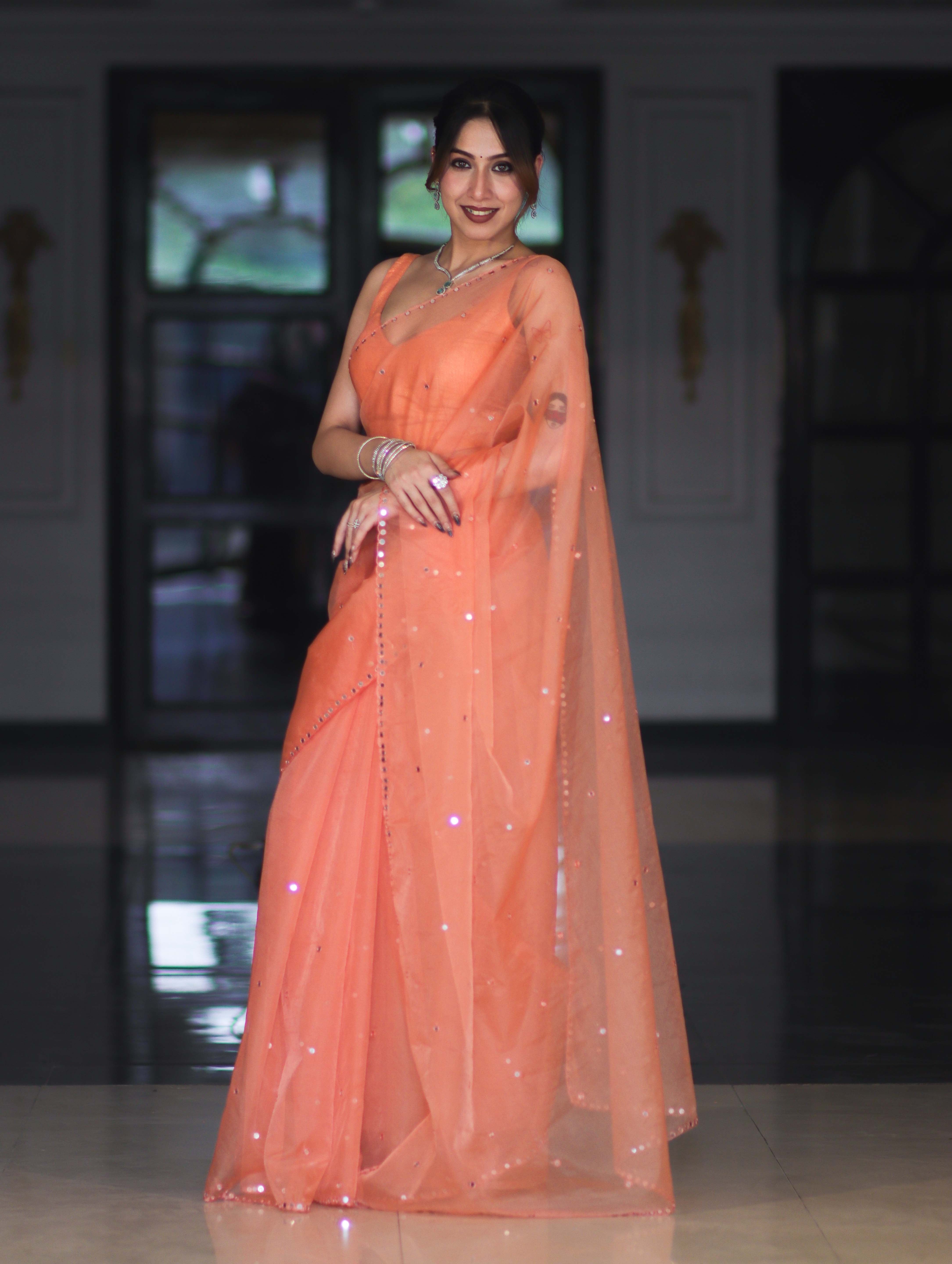 Banarasee Handwoven Organza Mix Saree With Mirror Work-Peach