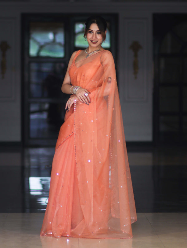 Banarasee Handwoven Organza Mix Saree With Mirror Work-Peach