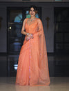 Banarasee Handwoven Organza Mix Saree With Mirror Work-Peach