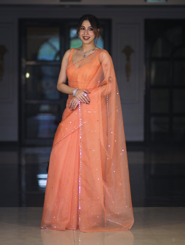 Banarasee Handwoven Organza Mix Saree With Mirror Work-Peach