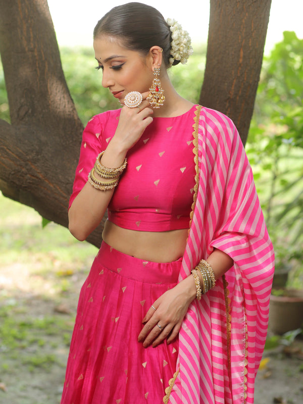 Banarasee Chanderi Silk Lehenga & Blouse With Crepe Silk Dupatta-Pink