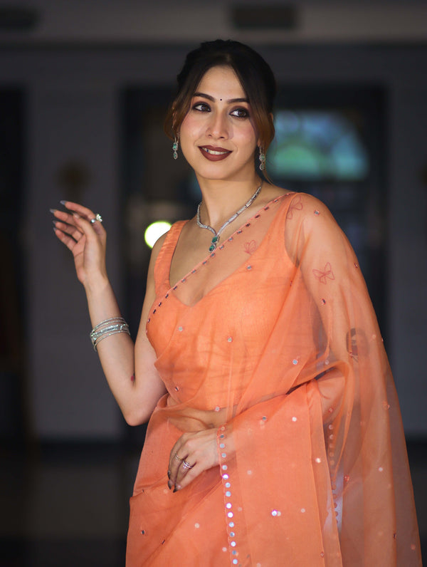 Banarasee Handwoven Organza Mix Saree With Mirror Work-Peach