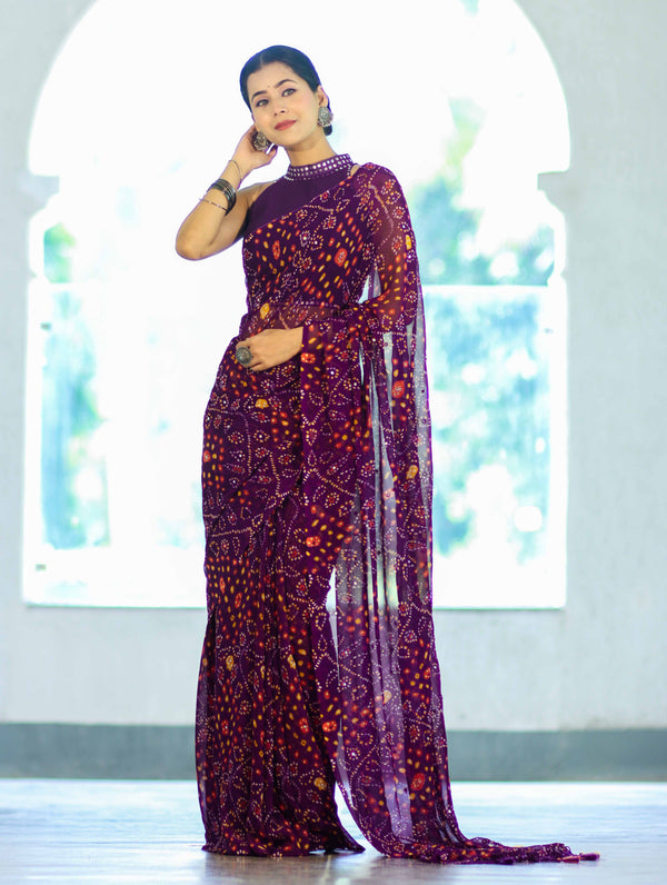 Banarasee Printed Handwork Chiffon Saree-Purple