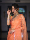 Banarasee Handwoven Organza Mix Saree With Mirror Work-Peach