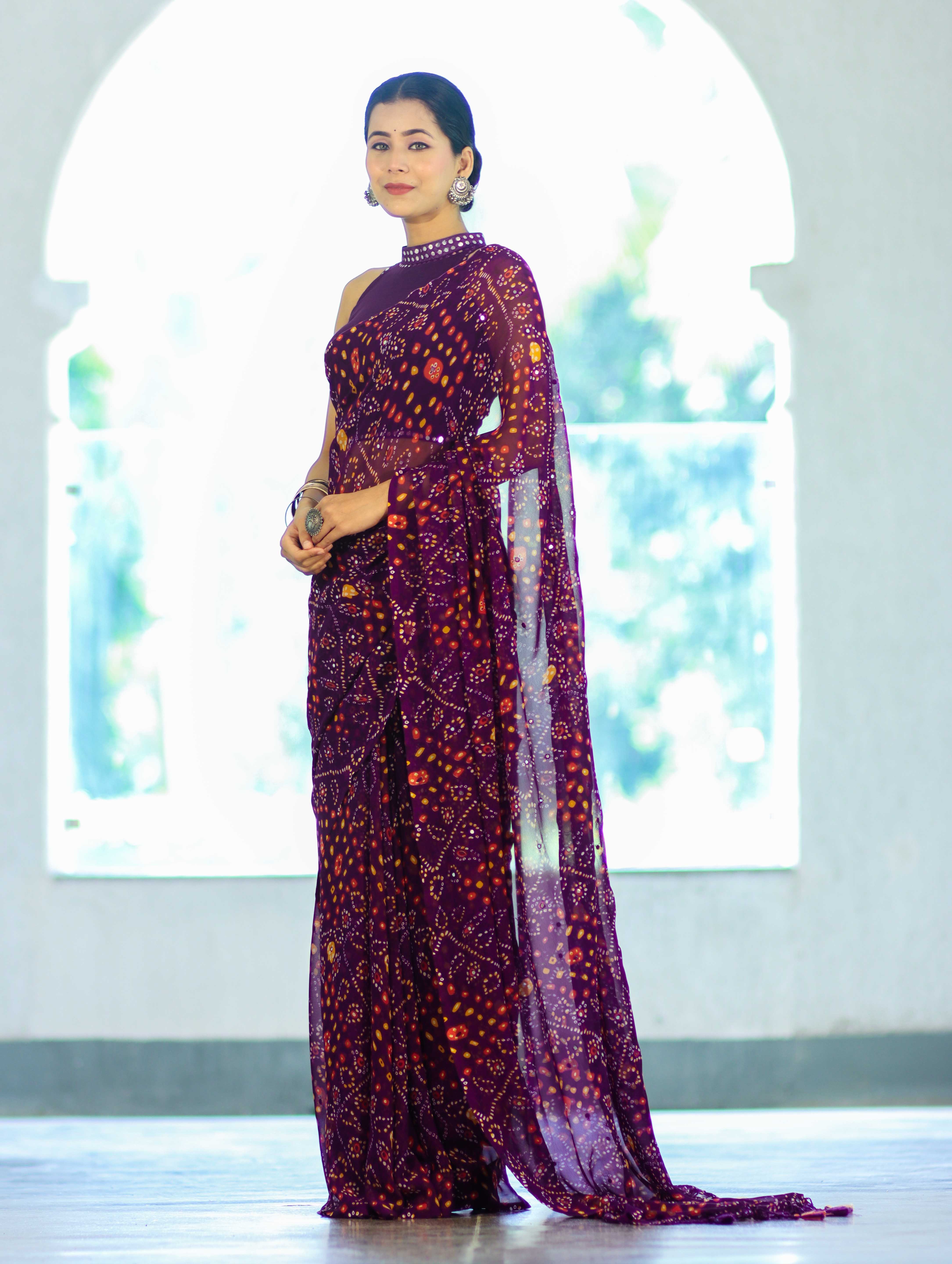 Banarasee Printed Handwork Chiffon Saree-Purple