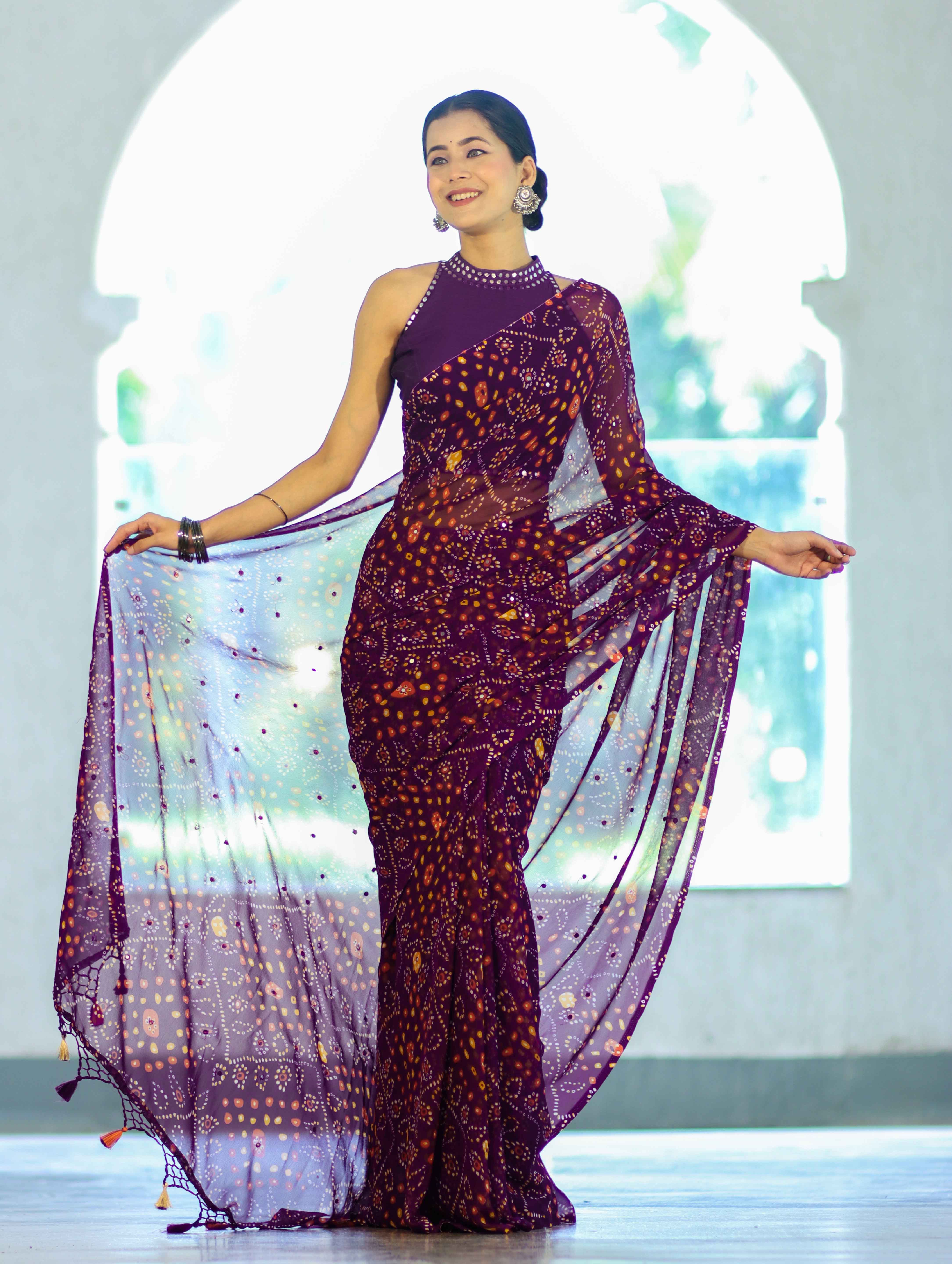 Banarasee Printed Handwork Chiffon Saree-Purple