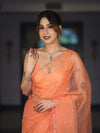 Banarasee Handwoven Organza Mix Saree With Mirror Work-Peach