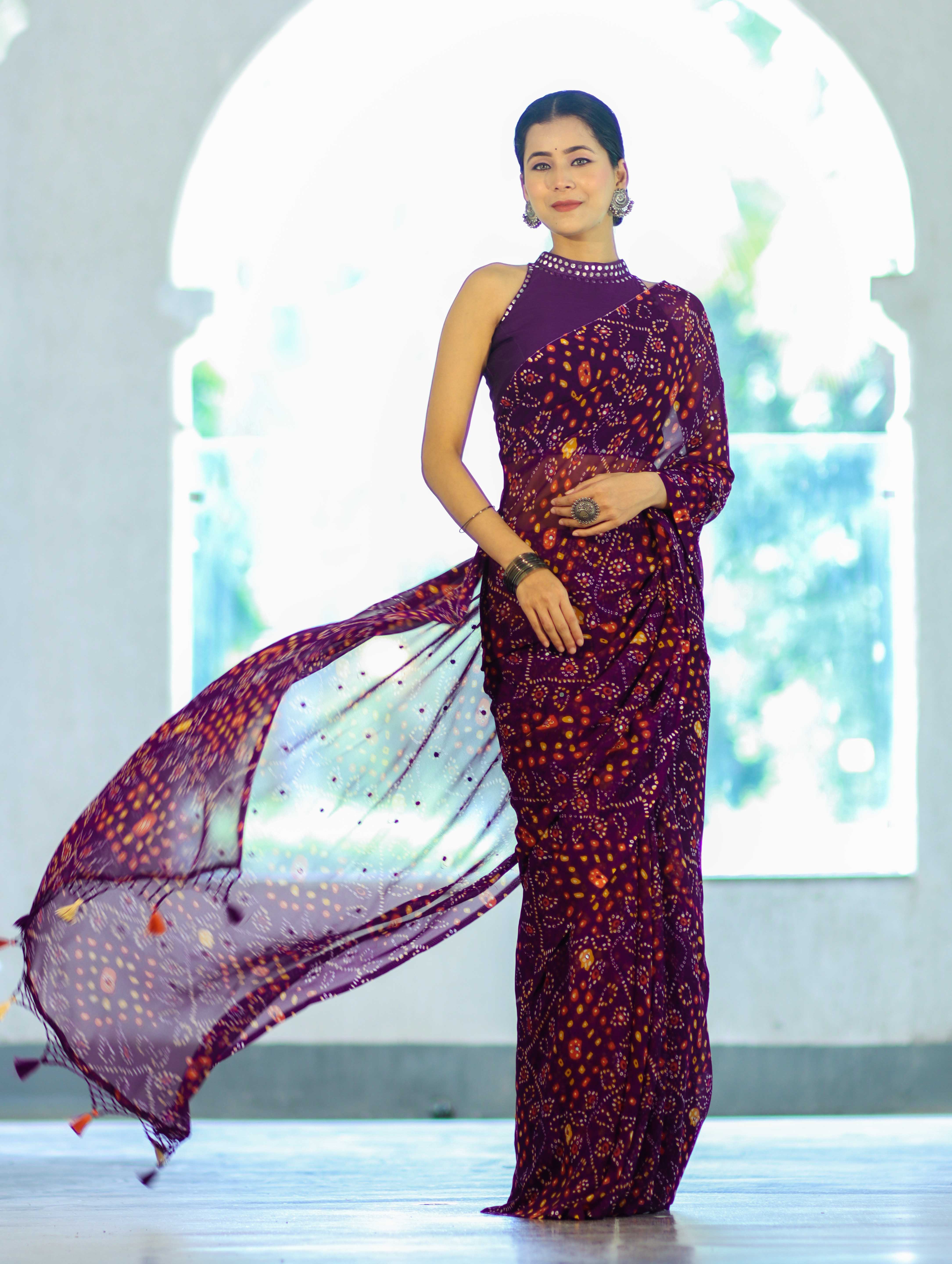 Banarasee Printed Handwork Chiffon Saree-Purple