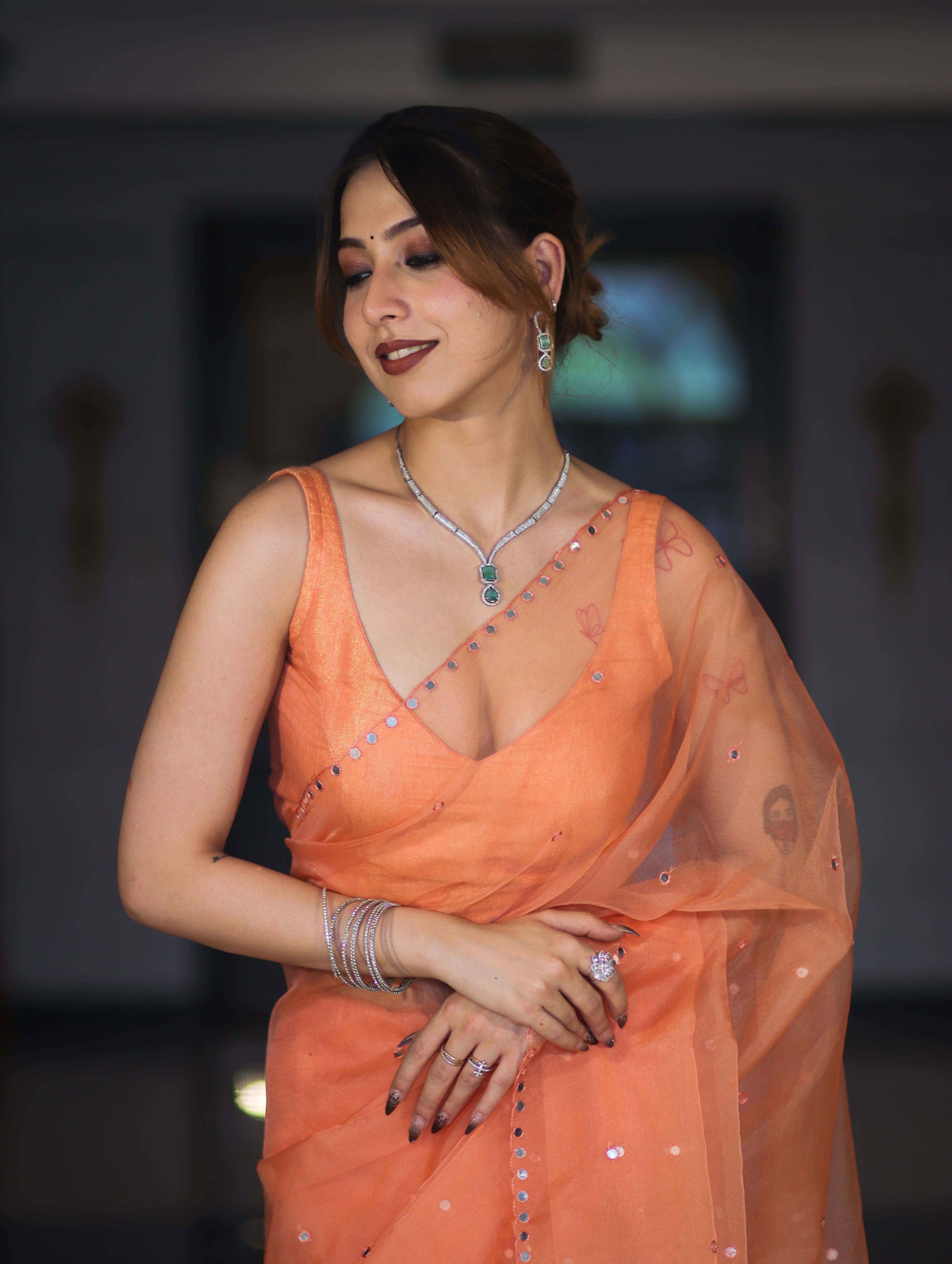 Banarasee Handwoven Organza Mix Saree With Mirror Work-Peach
