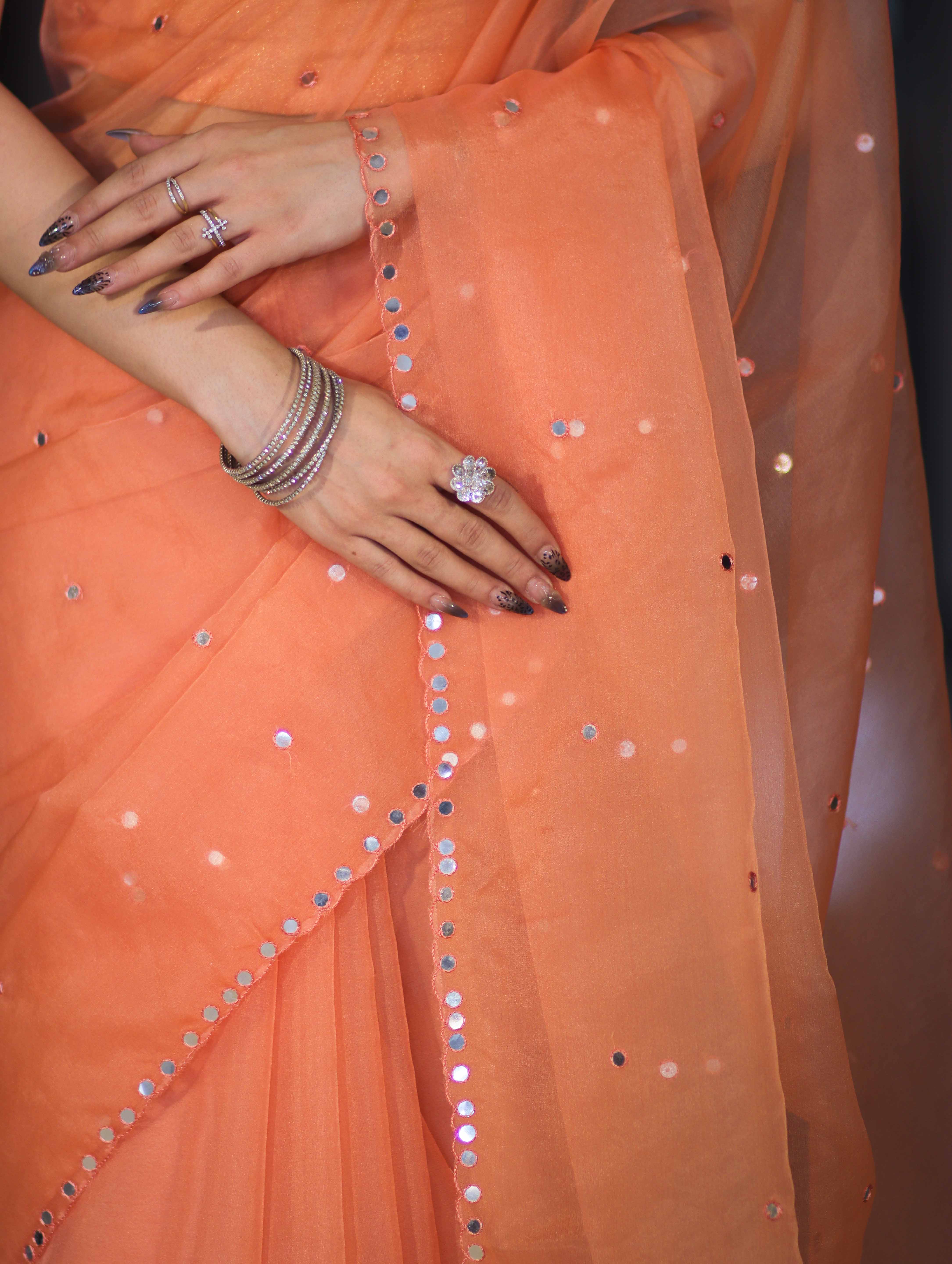 Banarasee Handwoven Organza Mix Saree With Mirror Work-Peach