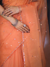 Banarasee Handwoven Organza Mix Saree With Mirror Work-Peach