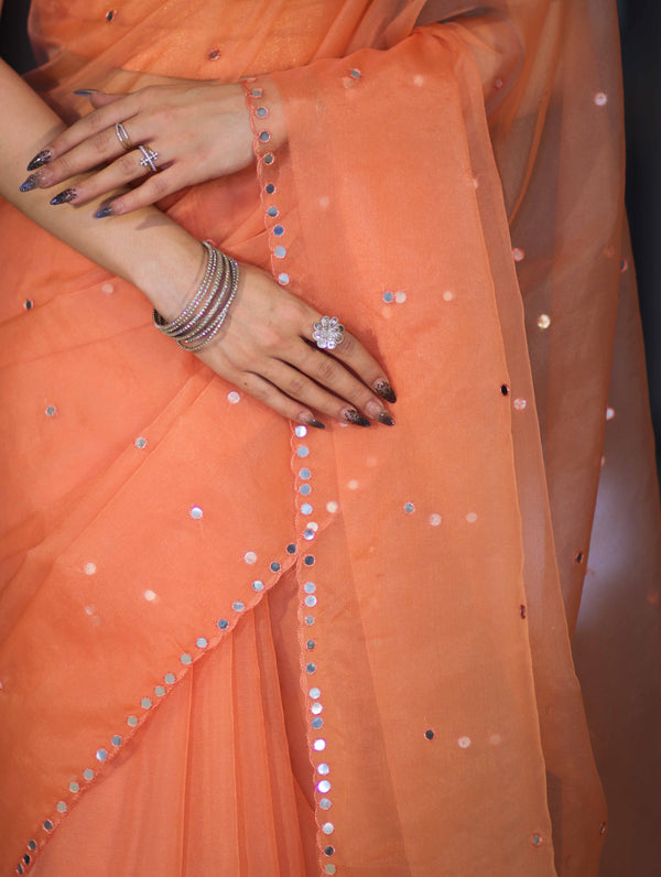 Banarasee Handwoven Organza Mix Saree With Mirror Work-Peach