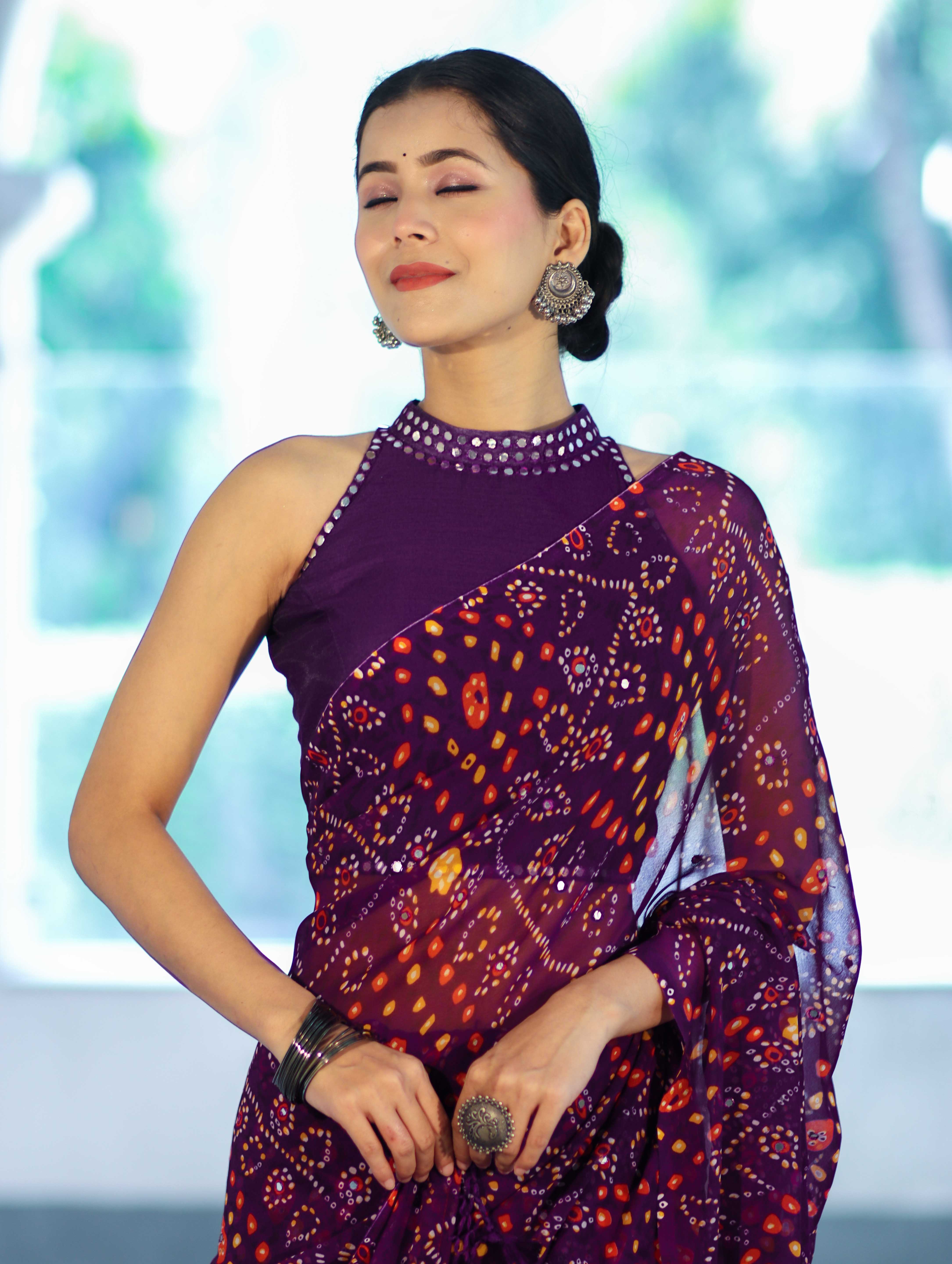 Banarasee Printed Handwork Chiffon Saree-Purple