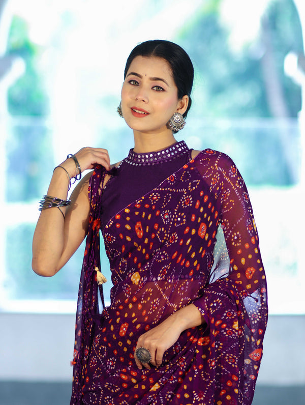Banarasee Printed Handwork Chiffon Saree-Purple