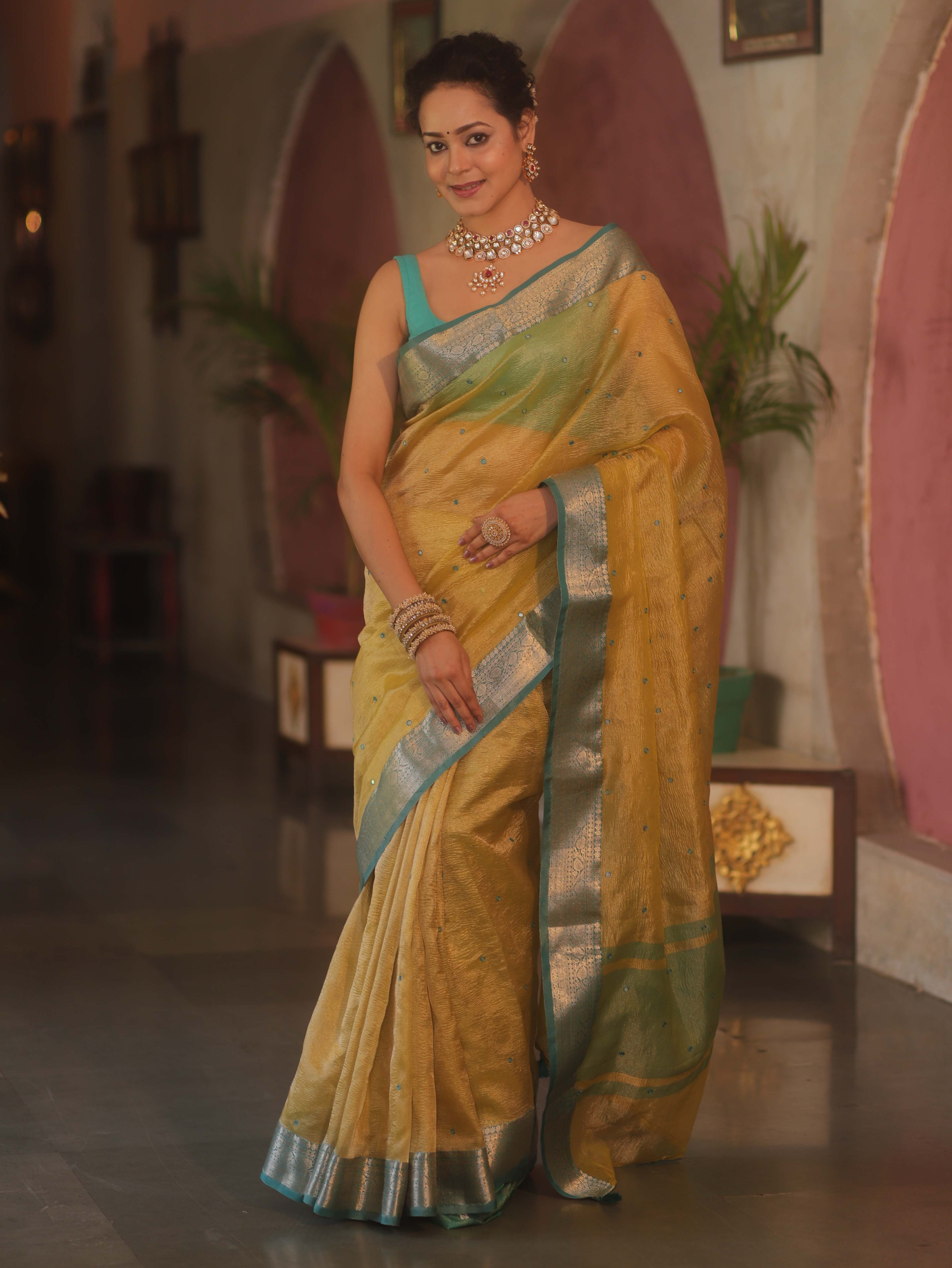 Banarasee Handwoven Mirror Work Crushed Tissue Saree With Contrast Border-Yellow & Green