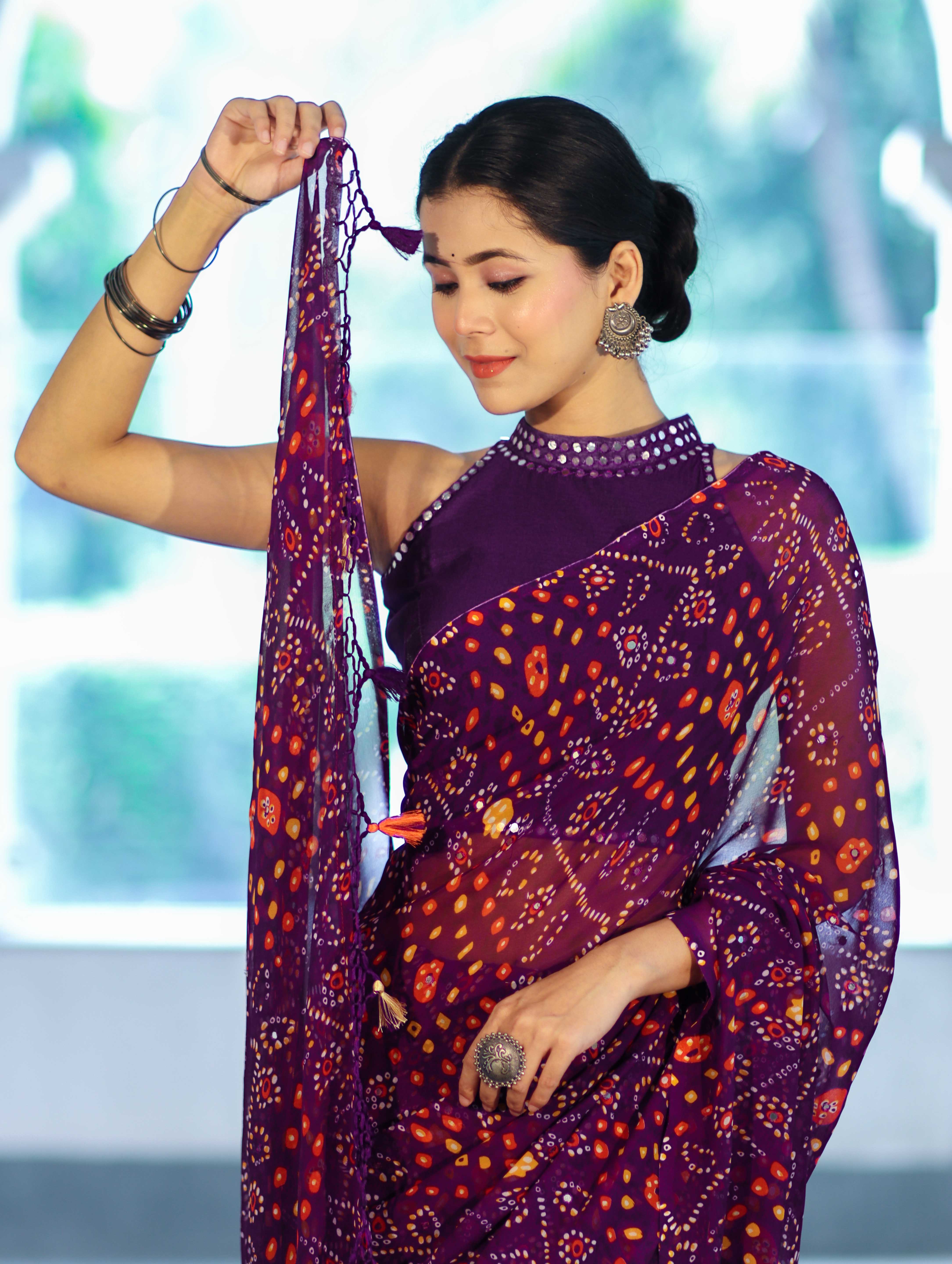 Banarasee Printed Handwork Chiffon Saree-Purple