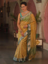 Banarasee Handwoven Mirror Work Crushed Tissue Saree With Contrast Border-Yellow & Green
