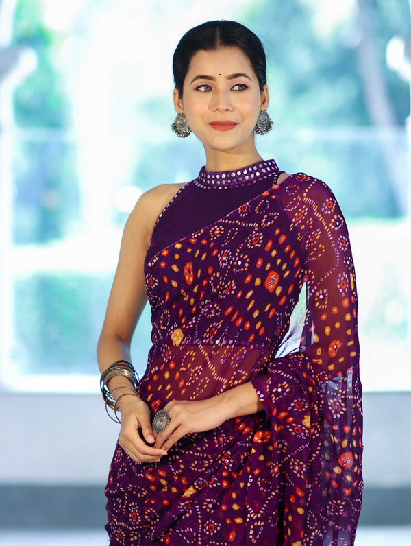 Banarasee Printed Handwork Chiffon Saree-Purple