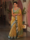 Banarasee Handwoven Mirror Work Crushed Tissue Saree With Contrast Border-Yellow & Green