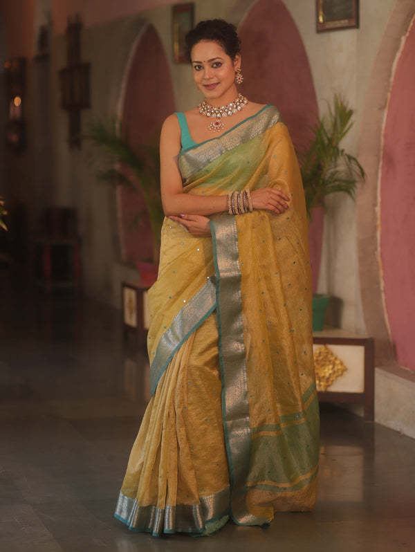 Banarasee Handwoven Mirror Work Crushed Tissue Saree With Contrast Border-Yellow & Green